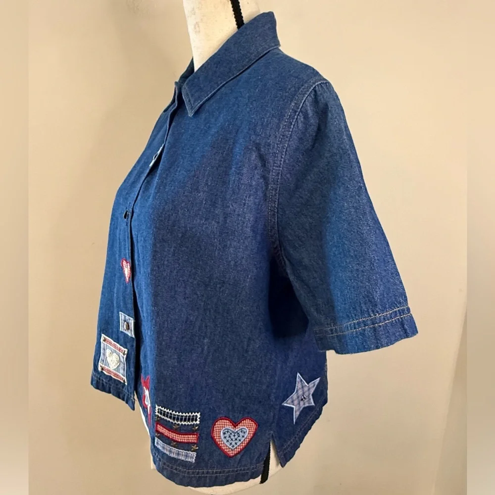 Koret vintage cotton denim patchwork embroidered short sleeve shirt SZ SM - Picture 3 of 12
